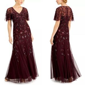 Adrianna Papell Embellished Flutter Sleeve Gown Burgundy Sz 6 SAMPLE